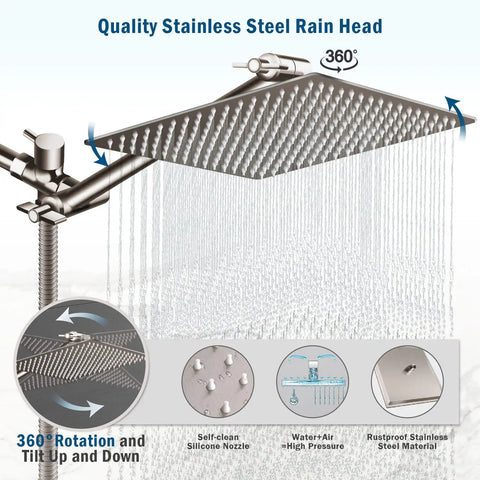 Brushed Nickel Dual Shower Head System With 12-Inch High-Pressure Rain Head And 6-Setting Handheld Combo, Built-In Power Wash, 11-Inch Extension Arm And 60-Inch Hose, Height And Angle Adjustable For A Next-Level Bathroom Upgrade
