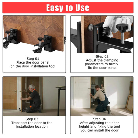 Instruction steps for using Heavy Duty Door Dolly Kit With Wheels For 0 To 2.12 Inch Thick Doors, 2 Piece Adjustable Door Installation Set