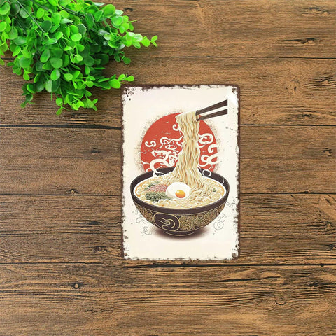 Old School Vintage Metal Sign With Ramen And Egg Theme, Chopsticks In The Mix - Rustic Tin Wall Art For Kitchen, Home Decor, 8x12 Inch