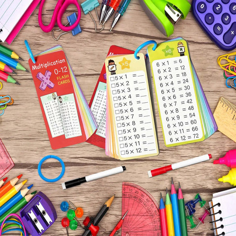 Times Table Flash Cards 0 Through 12 Pack Of 15 With Durable Laminated Cards, markers and sorting ring, classroom supplies backdrop.