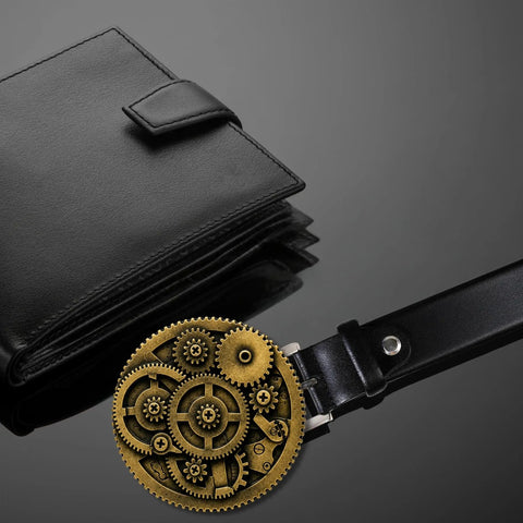 Handcrafted 3d Steampunk Gear Pewter Belt Buckle For Men And Women on black leather wallet backdrop.