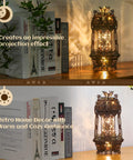 LED 3D Wood Puzzle Poker World Lamp With Music Box And DIY Craft Kit in black walnut finish on shelf creating a glow