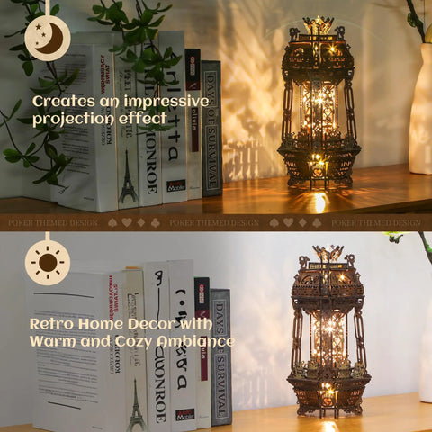 LED 3D Wood Puzzle Poker World Lamp With Music Box And DIY Craft Kit in black walnut finish on shelf creating a glow