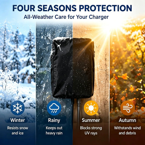 Rock Solid Waterproof EV Charger Cover Made From Heavy Duty Oxford Fabric Weather Resistant Dust Proof Guard For Hardwired Units showcased for all seasons.