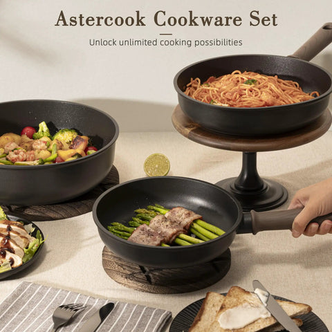 Nonstick Titanium 19 Piece Pots And Pans Set For Induction Cooktops No Fuss Cleanup, black frying pans with food