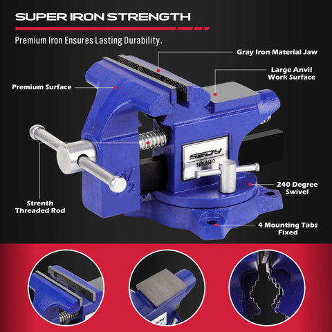 Heavy Duty Four And A Half Inch Tough As Nails Bench Vise With Multi Jaw Design shown with labeled features and 240° swivel.