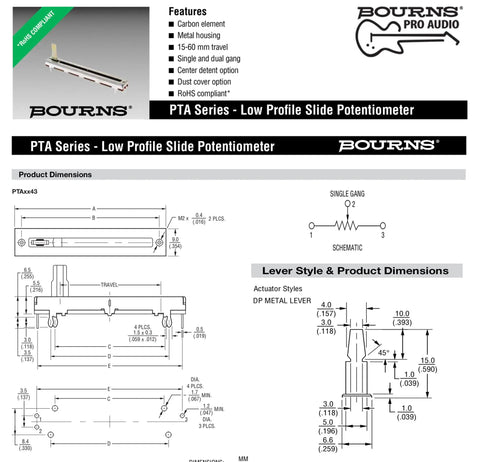 Technical diagram of 10K Ohm Slide Potentiometer With 100mm Travel, Single Linear Taper, Carbon Metal Housing, 15mm Lever for audio gear.