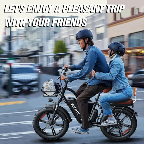 Two Seater Fat Tire Electric Bike With 1000W Peak Motor Up To 60 Mile Range Large Removable Battery 20 Inch All Terrain E Bike For City Commutes And Weekend Rides with two riders in city street