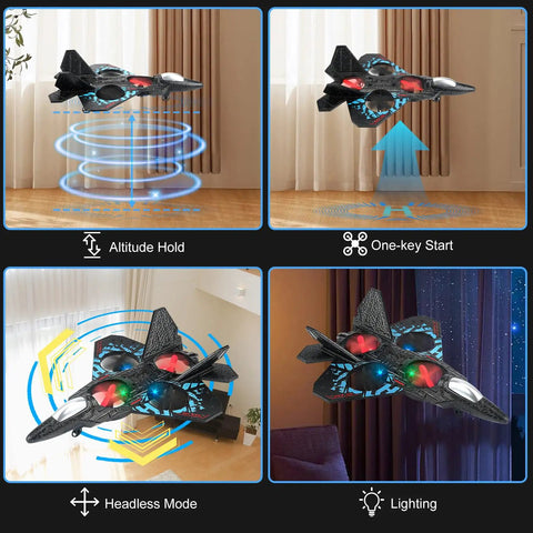 Dual Mode RC Airplane Toy With Watch Remote 2025 Fighter Jet showcasing altitude hold and headless mode indoors