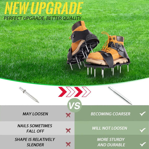 Heavy Duty Lawn Aerator Shoes With Spikes For Effortless Yard Aeration And Healthy Grass Growth shown on grass with comparison chart.