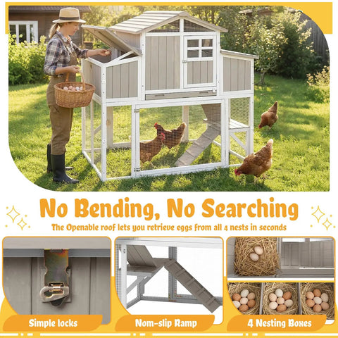 Large Chicken Coop With Four Nesting Boxes For Four To Six Hens Outdoor Wooden Poultry Cage With Pull Out Tray shown in garden
