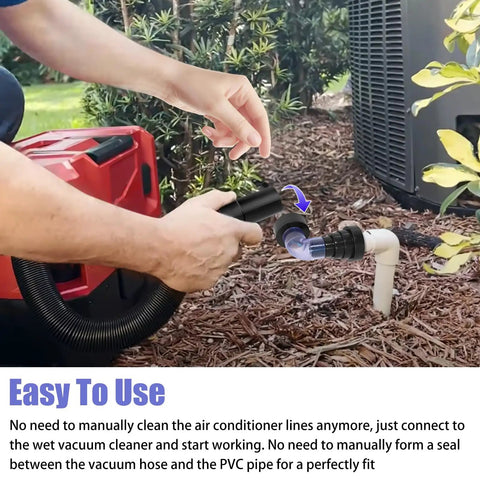 Person using AC Drain Line Vacuum Adapter Kit Pro Grade For PVC Pipe From Three Quarter Inch To Two Inch outdoors