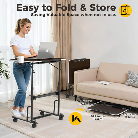 Adjustable Sit Stand Rolling Desk Built Tough With Slick Gliding Wheels And Multi Level Height Tuning For A Smooth Flex Workspace Anywhere in use with laptop.