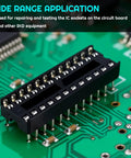 Close-up of a black IC socket from the 155 Piece Dip IC Socket Kit With 2.54mm Pitch Solder Type Adapters placed on a circuit board