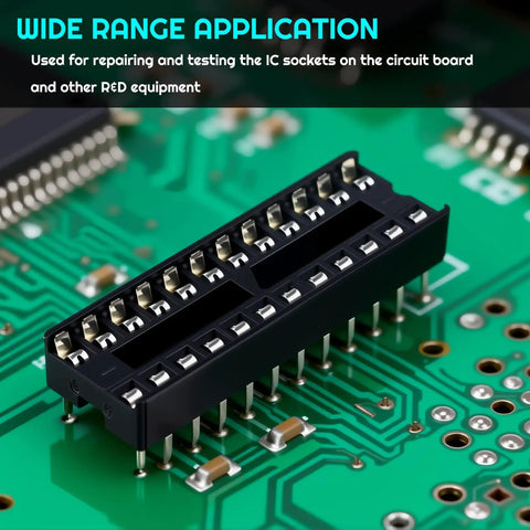 Close-up of a black IC socket from the 155 Piece Dip IC Socket Kit With 2.54mm Pitch Solder Type Adapters placed on a circuit board