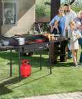 Three Burner Outdoor Propane Stove With Side Shelf And Carrying Bag 225000 BTU Gas Cooker with CSA regulator at family picnic