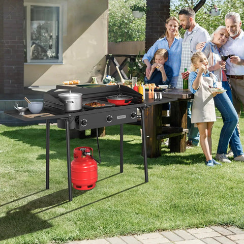 Three Burner Outdoor Propane Stove With Side Shelf And Carrying Bag 225000 BTU Gas Cooker with CSA regulator at family picnic