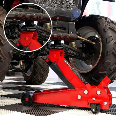 Universal Large Floor Jack Rubber Pads Set For Pinch Welds And Side Frame Rails Puck Style Rail Protectors in use with vehicle