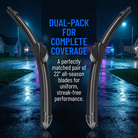 Top Shelf All Season Windshield Wiper Blades Two Pack 22 Inch featuring natural rubber blades for streak-free, silent performance at night.