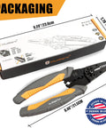 3 In 1 Automatic Wire Stripper Cutter And Crimper Self Adjusting Pliers packaging with tool and dimensions shown