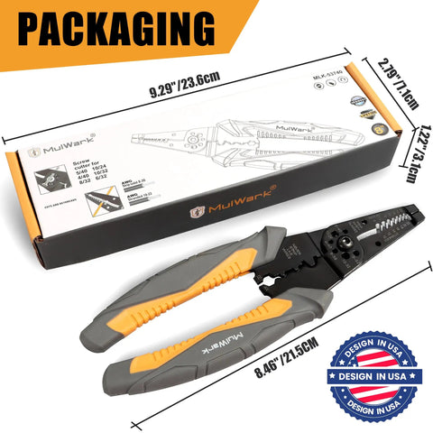 3 In 1 Automatic Wire Stripper Cutter And Crimper Self Adjusting Pliers packaging with tool and dimensions shown