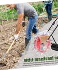 Manual Seeder And Fertilizer Spreader Tool For Lawn Care No Back Bending Ergonomic Hand Push Garden Roller in use by a gardener.
