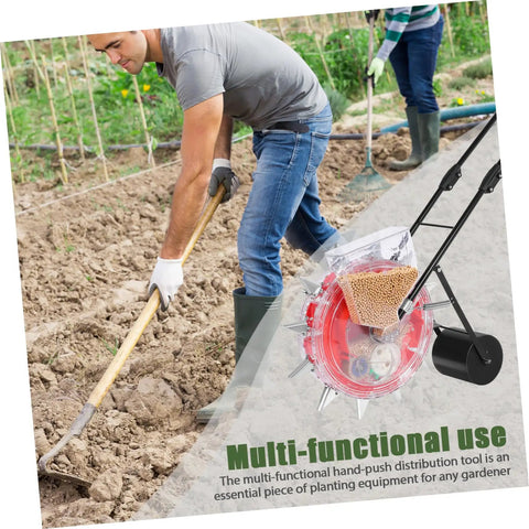 Manual Seeder And Fertilizer Spreader Tool For Lawn Care No Back Bending Ergonomic Hand Push Garden Roller in use by a gardener.