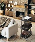 Two Tier Rolling Utility Cart With Wood Top And Lockable Wheels Metal Storage Trolley With Mesh Baskets in living room setup