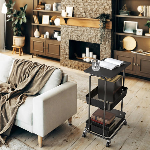 Two Tier Rolling Utility Cart With Wood Top And Lockable Wheels Metal Storage Trolley With Mesh Baskets in living room setup