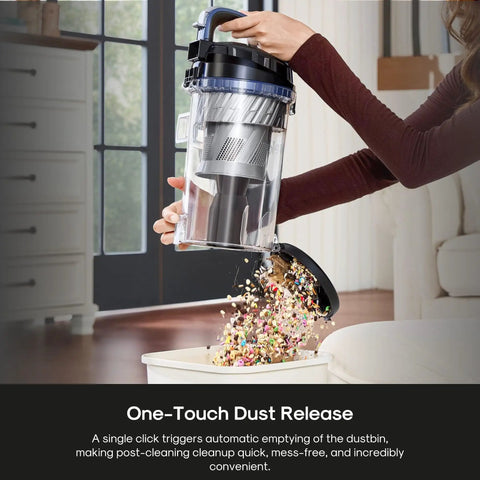 Eureka Dual Cyclone Bagless Vacuum Cleaner With Anti-Tangle Brush Roll For Pet Hair And Carpet. Powerful Suction, Lightweight Cleaning Solution For Homes. Easy Empty Dust Cup, Complete Accessory Set For Whole House Maintenance. Sleek Blue Design, Quiet