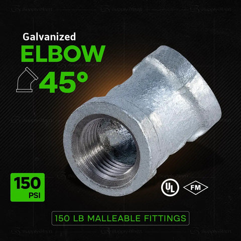 Beefy 6 Inch 45 Degree Galvanized Malleable Iron Elbow With 6 Inch Female Threaded Ends For High Pressure Piping, Heavy Duty 150 Lb Rating, UL ULC FM Approved