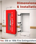 Semi Recessed Fire Extinguisher Cabinet Red For 5 To 10 Lb Extinguishers Heavy Duty Steel Wall Mount Box With Signage Seals And Tags ADA Friendly Ultra Low Profile Projects Only Two And A Half Inches No Extra Purchases Required installed on hallway wall