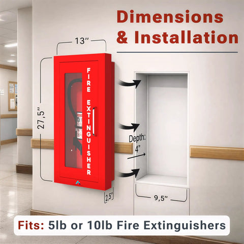 Semi Recessed Fire Extinguisher Cabinet Red For 5 To 10 Lb Extinguishers Heavy Duty Steel Wall Mount Box With Signage Seals And Tags ADA Friendly Ultra Low Profile Projects Only Two And A Half Inches No Extra Purchases Required installed on hallway wall