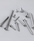 Heavy Duty Size 10 X 1 Inch Pan Head Wood Screws, 120 Pack 304 Stainless Steel Self Tapping Sheet Metal Fasteners arranged on gray surface.