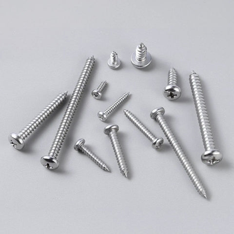 Heavy Duty Size 10 X 1 Inch Pan Head Wood Screws, 120 Pack 304 Stainless Steel Self Tapping Sheet Metal Fasteners arranged on gray surface.