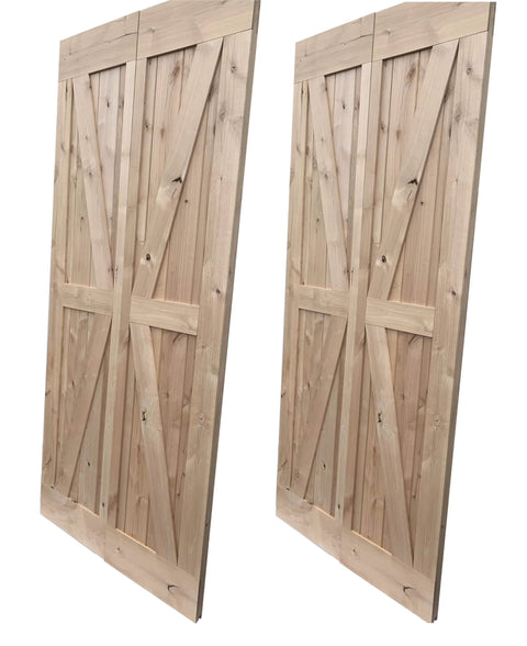 Double 38 By 84 Inches Unfinished Alder Wood Bifold Barn Doors With Low Clearance Box Rail Sliding Hardware Set standing upright