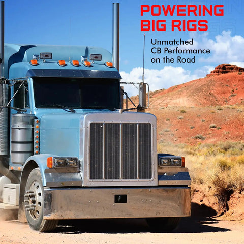 Blue big rig truck using 3 Foot Fiberglass CB Radio Antenna With 1000 Watt Rating Black Finish Built Tough Stainless Steel