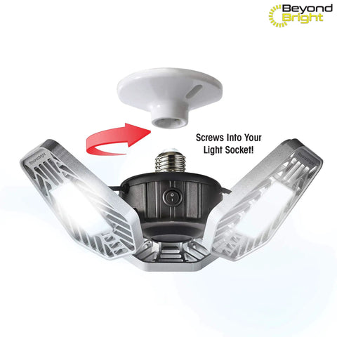 Beyond Bright LED Ultra Bright Garage Light With Three Adjustable Panels For A Brighter Garage Or Shop This Energy Efficient Easy To Install Durable Long Lasting Light For Garages Warehouses And More showing installation process into ceiling light socket