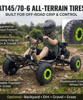 Adult driving gas powered go kart with 212cc mid mounted engine on rocky trail, featuring fluorescent green wheel rims.