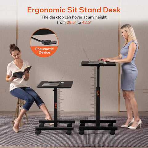 Mobile Standing Desk On Wheels With Height Adjustable Range From 28.5 To 42.5 Inches Gas Spring Assisted Elevation shown with two users