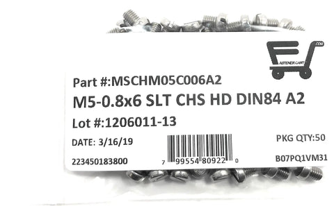 Top Shelf M5 X.80 X 6 Stainless Steel Slotted Cheese Head Machine Screws Din 84 Metric Fasteners pack of 50 in clear packaging.