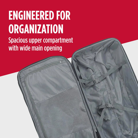 FUL Workhorse 30-inch rolling duffel bag interior in gray with mesh pocket and compression straps