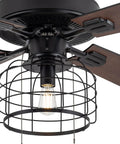 Boss Industrial LED Ceiling Fan With Cage Design And Lights, 52 Inch Black Housing With Rich Barnwood Blades, close-up view