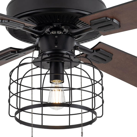 Boss Industrial LED Ceiling Fan With Cage Design And Lights, 52 Inch Black Housing With Rich Barnwood Blades, close-up view