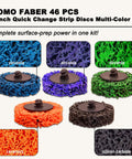 46 Pc 2 Inch Quick Change Strip Discs Multi Color Kit For Paint And Rust Removal On Die Grinder Or Drill With 1 Quarter Inch Roll Lock Holder Surface Prep And Conditioning; blue, purple, green, orange, black discs shown with texture details.