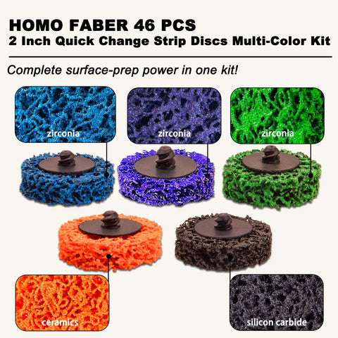 46 Pc 2 Inch Quick Change Strip Discs Multi Color Kit For Paint And Rust Removal On Die Grinder Or Drill With 1 Quarter Inch Roll Lock Holder Surface Prep And Conditioning; blue, purple, green, orange, black discs shown with texture details.