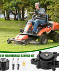 Lawnmower Tune Up Kit For D Series Compatible With D140 D150 D160 L120 L130 La140 La145 shown with rider on orange mower