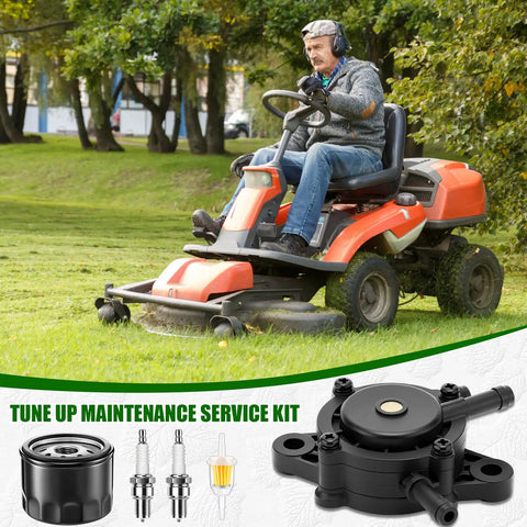 Lawnmower Tune Up Kit For D Series Compatible With D140 D150 D160 L120 L130 La140 La145 shown with rider on orange mower