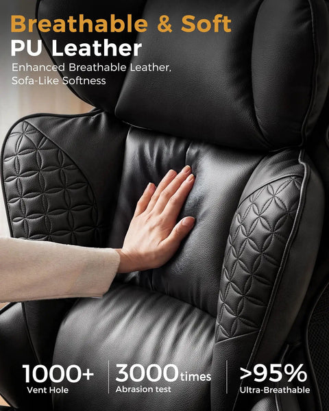 Hand touching Big And Tall Office Chair For Heavy Duty Comfort with Deluxe Embossed Leather High Back Ergonomic design.