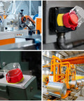 8 Pack Emergency Stop Button Kit With See Through Switch Covers installed on industrial control panel and machinery.
